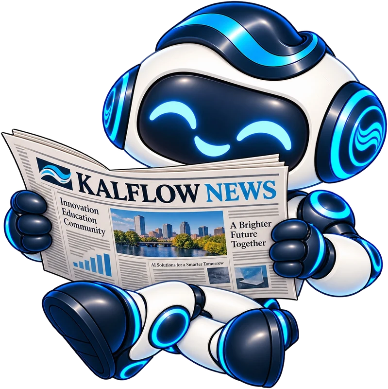KalFlow robot mascot reading a copy of KalFlow News